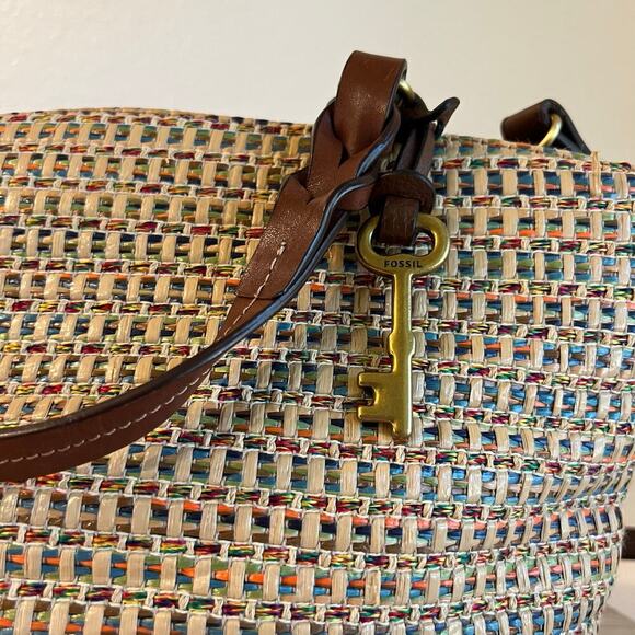 Fossil Multi Colored Woven Brown Leather Top Handle Crossbody Medium Bag - Picture 2 of 16